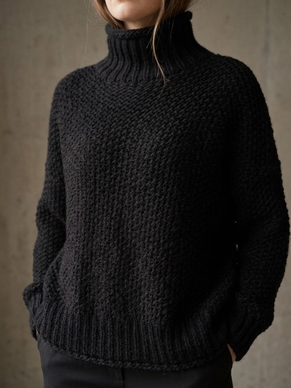 H&M Black Turtleneck cable Knit mock Sweater Women size small oversized fit B134